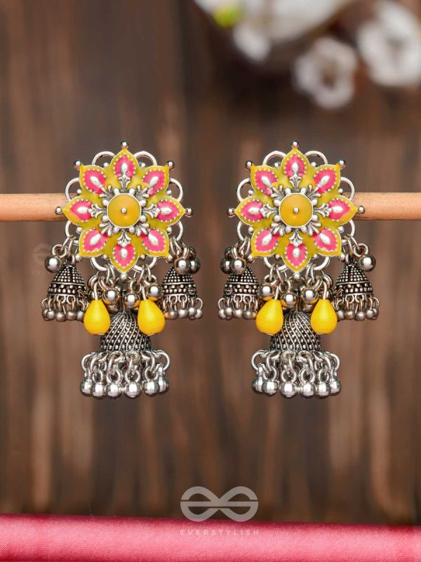 The Sunburst Bloom - Statement Enamelled Oxidised Jhumka Earrings
