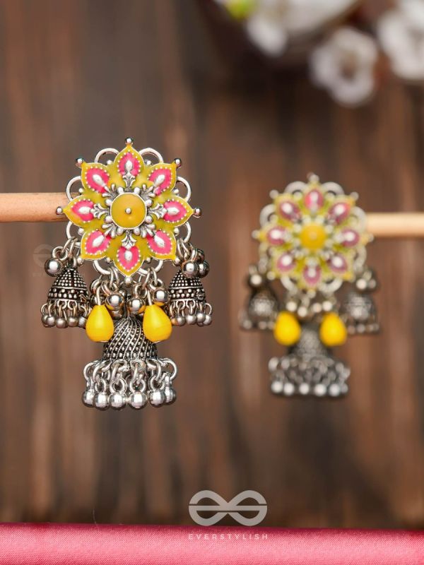 The Sunburst Bloom - Statement Enamelled Oxidised Jhumka Earrings