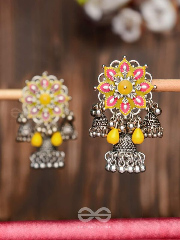 The Sunburst Bloom - Statement Enamelled Oxidised Jhumka Earrings
