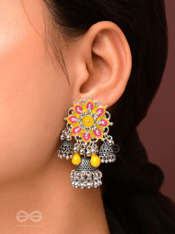 The Sunburst Bloom - Statement Enamelled Oxidised Jhumka Earrings