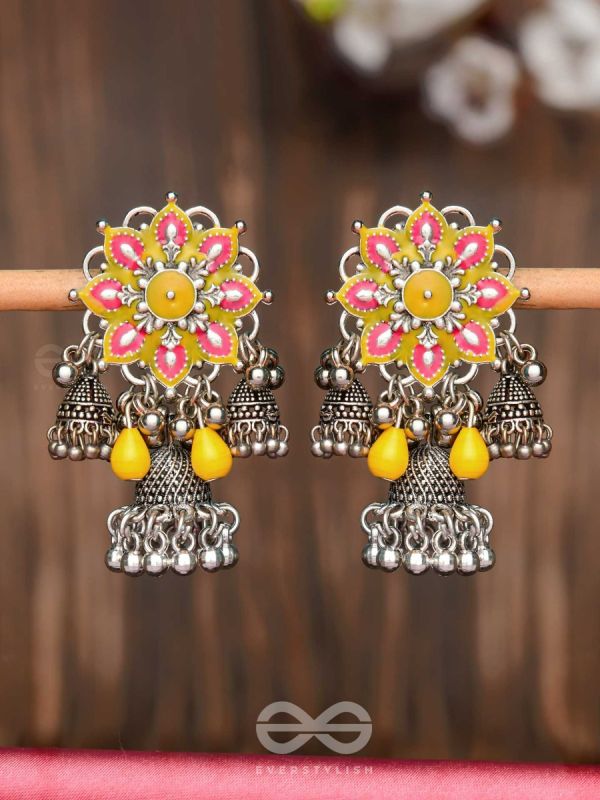 The Sunburst Bloom - Statement Enamelled Oxidised Jhumka Earrings