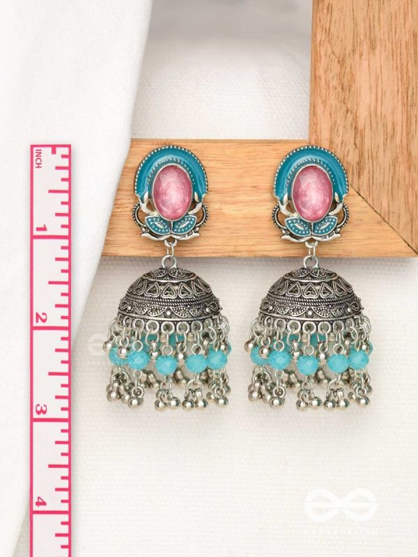 The Blushing Clouds - Statement Embellished And Enamelled Oxidised Jhumka Earrings