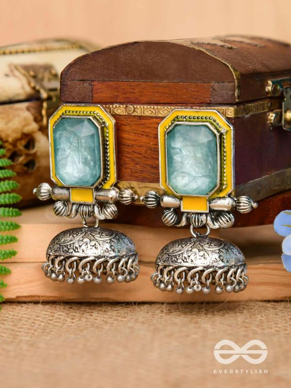 The Sunny Breeze - Embellished And Enamelled Oxidised Jhumka Earrings