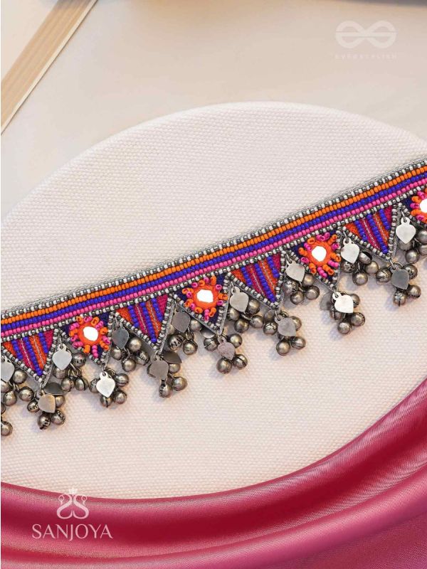 Sunarda - Amber Horizon - Mirror And Beads Hand Embroidered Oxidised Neckpiece