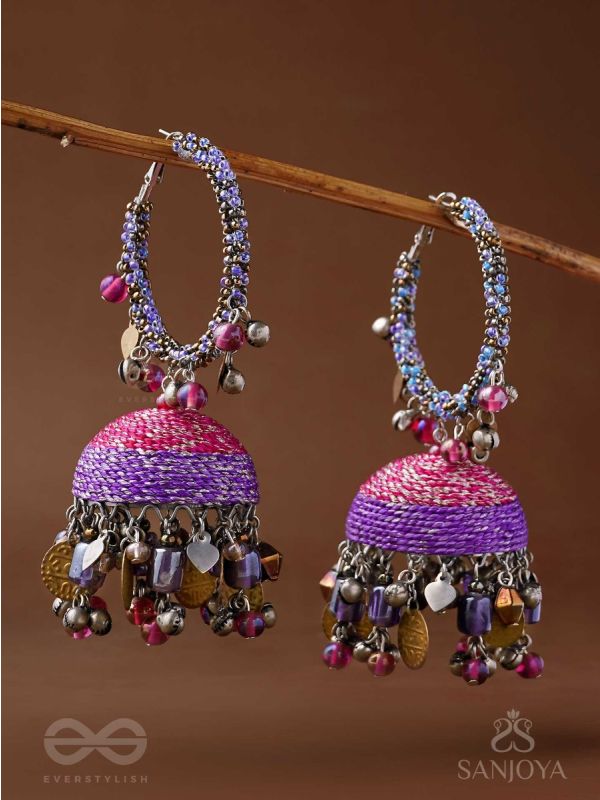 Dvibhat - The Twilight Tinkles - Resham, Coins And Beads Hand Embroidered Oxidised Jhumka Earrings