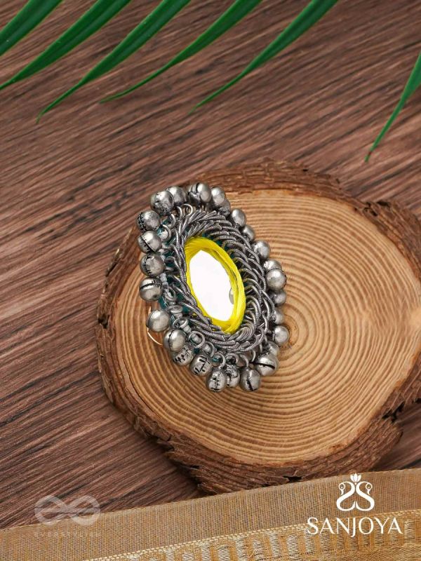 Patangah - Music Of Sunshine - Mirror, Resham And Beads Hand Embroidered Oxidised Ring