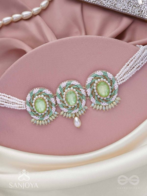 Tankasala - Frosted Fern - Stones And Pearls Hand Embroidered Neckpiece