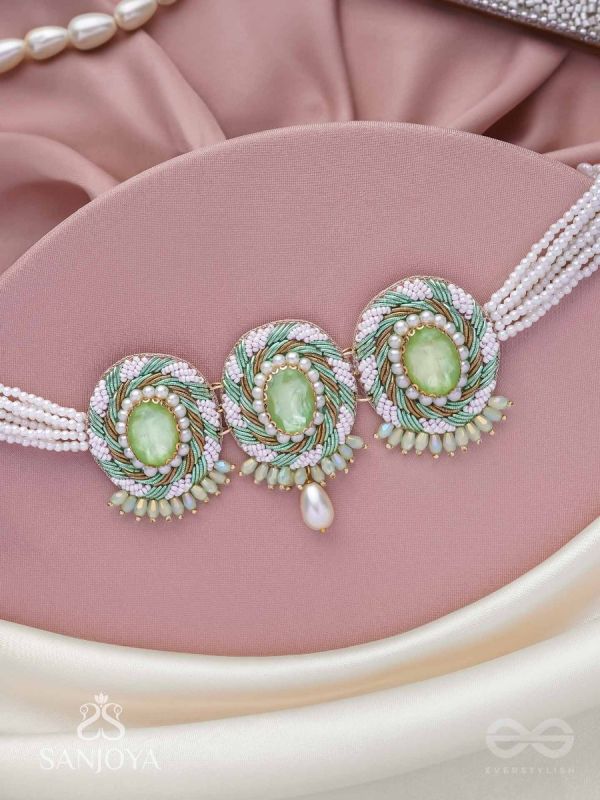 Tankasala - Frosted Fern - Stones And Pearls Hand Embroidered Neckpiece