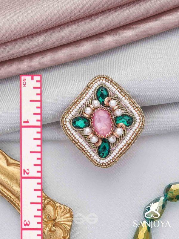 Naimisa - Blooms In Forest - Stones, Beads And Dabka Hand Embroidered Ring (Adjustable)