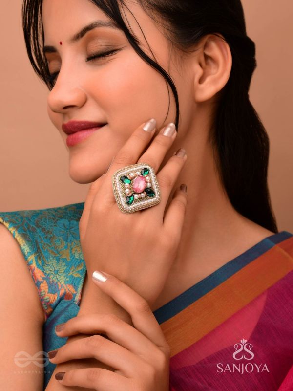 Naimisa - Blooms In Forest - Stones, Beads And Dabka Hand Embroidered Ring (Adjustable)