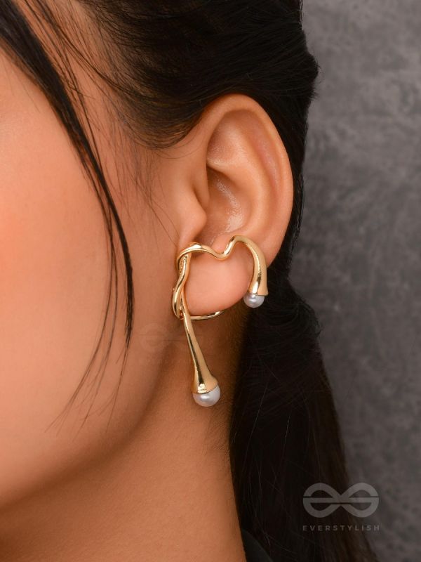 Draped Elegance - Golden Pearl Studded Ear Cuff (One Ear)