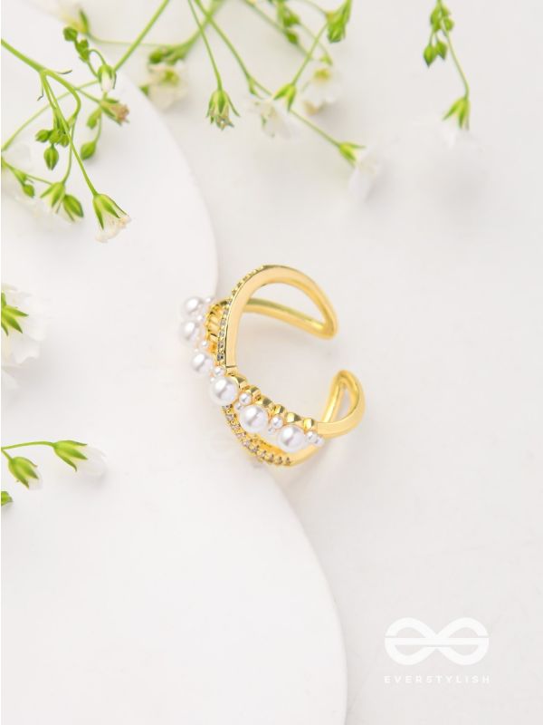 Crisscrossed Pearls - Golden Embellished Ring 