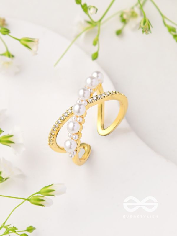 Crisscrossed Pearls - Golden Embellished Ring 