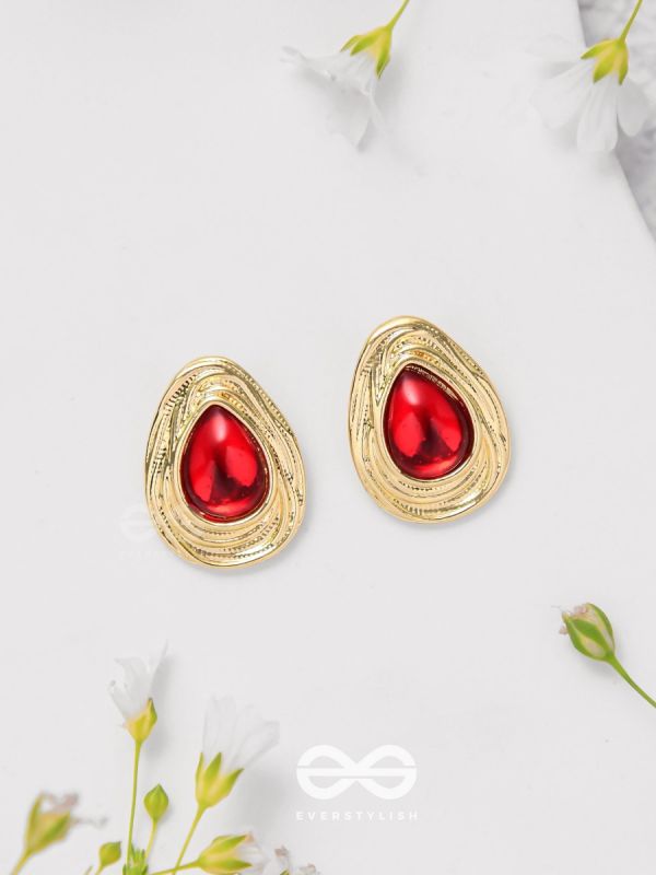Cherry Drop - Golden And Red Stud Earrings