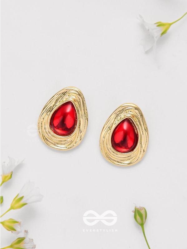 Cherry Drop - Golden And Red Stud Earrings