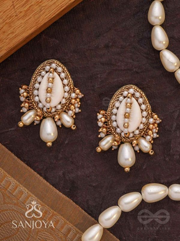 Dinara - The Shell Shoreline - Beads, Shells And Pearl Drops Hand Embroidered Earrings