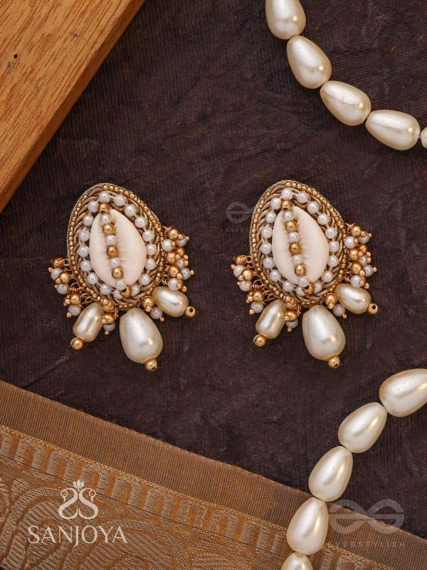Dinara - The Shell Shoreline - Beads, Shells And Pearl Drops Hand Embroidered Earrings