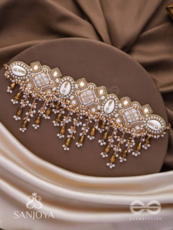 Bhadrashochi- The Shimmering Shower- Shells, Beads, Mirror And Glass Drops Hand Embroidered Choker Neckpiece
