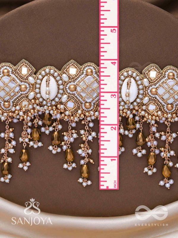 Bhadrashochi- The Shimmering Shower- Shells, Beads, Mirror And Glass Drops Hand Embroidered Choker Neckpiece