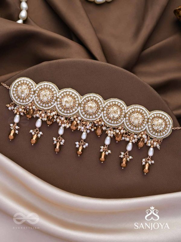 Stavaka- The Beloved Bouquet- Beads, Pearl And Glass Drops Hand Embroidered Choker Neckpiece