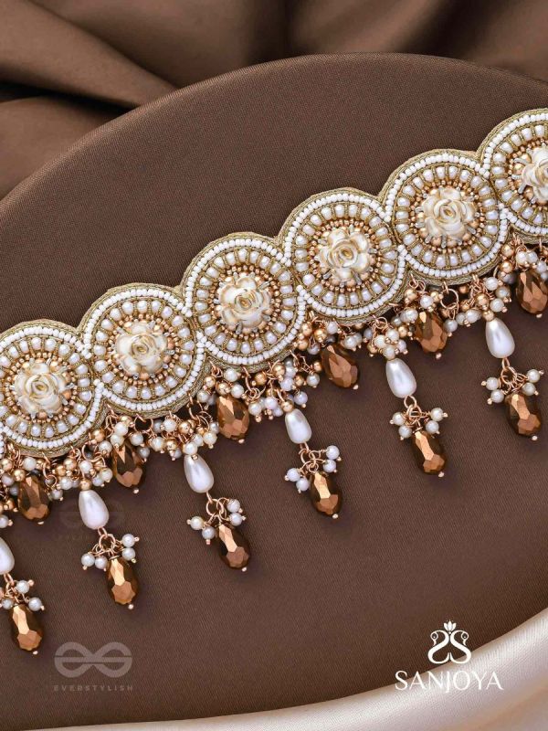 Stavaka- The Beloved Bouquet- Beads, Pearl And Glass Drops Hand Embroidered Choker Neckpiece
