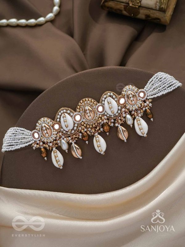 Velakula- The Coastline Stories- Shells, Beads, Pearl And Glass Drops Hand Embroidered Choker Neckpiece