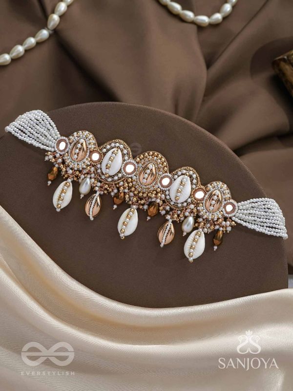 Velakula- The Coastline Stories- Shells, Beads, Pearl And Glass Drops Hand Embroidered Choker Neckpiece