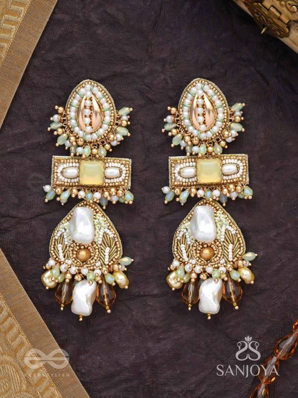 Atisitam- - The Regal Wonderland- Shells, Stones, Beads And Glass Drops Hand Embroidered Earrings