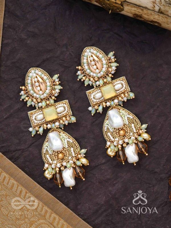 Atisitam- - The Regal Wonderland- Shells, Stones, Beads And Glass Drops Hand Embroidered Earrings