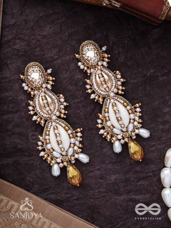 Samudrika- The Marine Magic- Shells, Beads, Pearl And Glass Drops Hand Embroidered Earrings