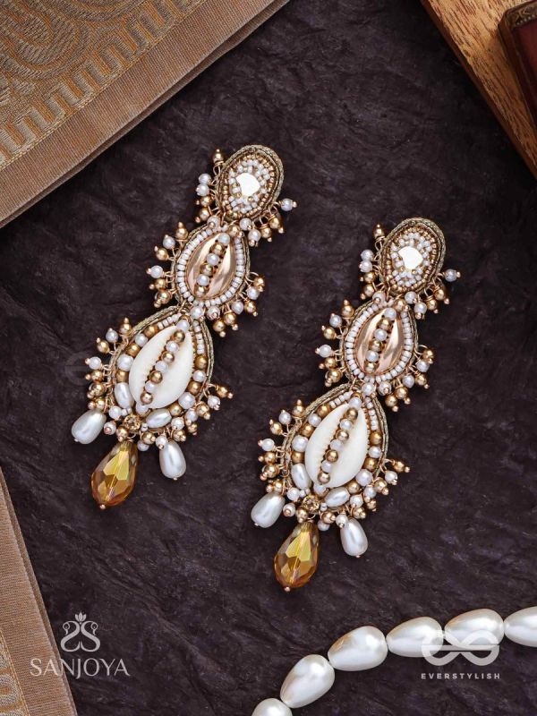 Samudrika- The Marine Magic- Shells, Beads, Pearl And Glass Drops Hand Embroidered Earrings