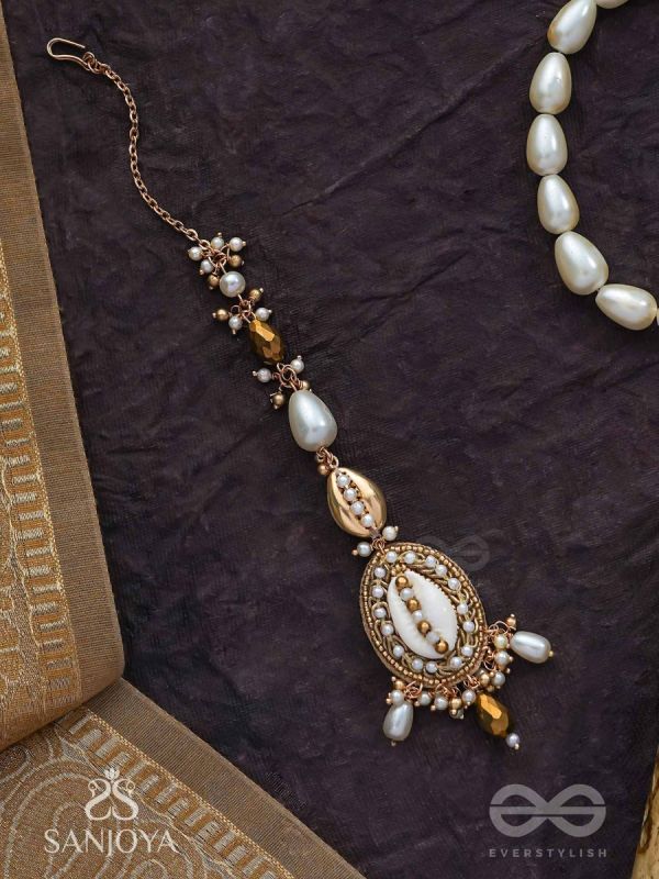 Himaabh- The Sea Frost- Shell, Beads, Pearl And Glass Drops Hand Embroidered Maangtika
