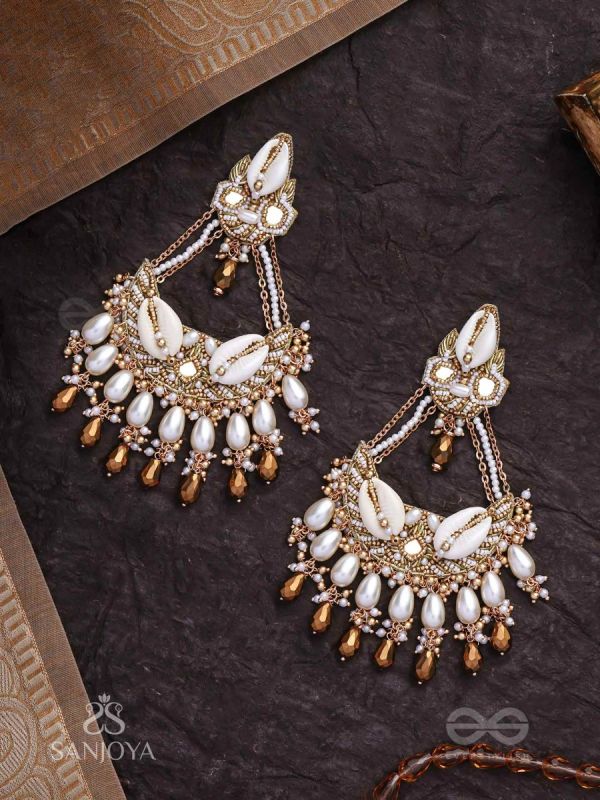 Artharasi- The Shimmering Wealth- Shells, Beads, Pearl And Glass Drops Hand Embroidered Earrings