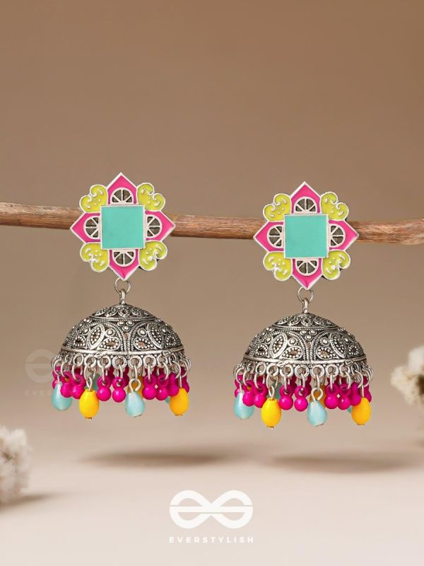 The Flowers Of Spring - Enamelled Oxidised Jhumka Earrings