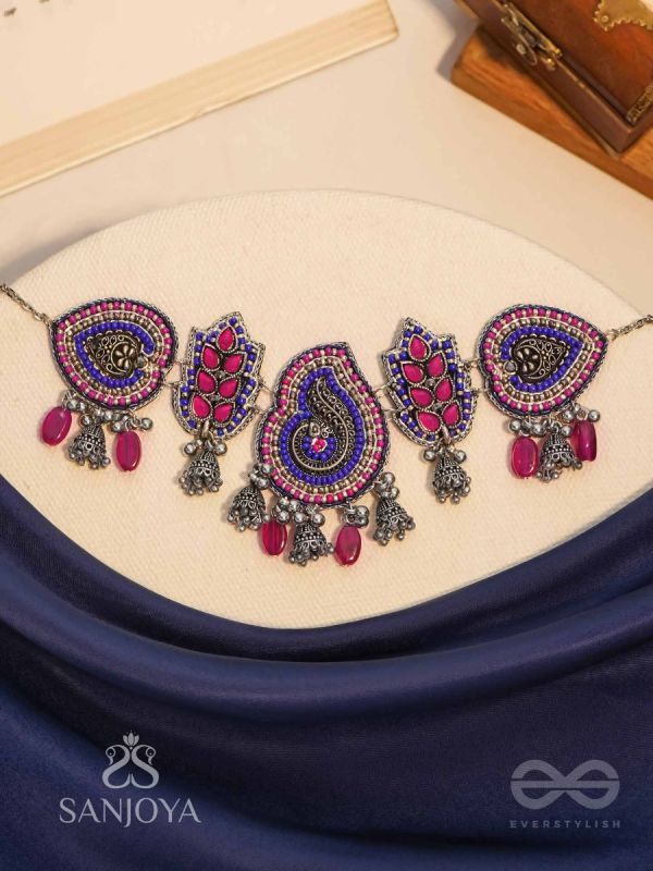 Strimaye - The Passionate Femininity - Beads And Stones Hand Embroidered Oxidised Neckpiece