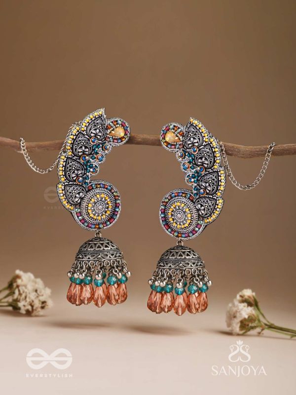 Kalaap- The Peacock's Tail- Beads And Glass Drops Hand Embroidered Oxidised Jhumka Earrings