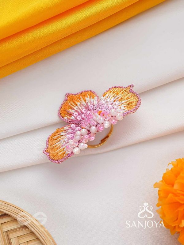 Saradgata- The Autumn Bloom - Resham, Beads And Sequins Hand Embroidered Ring (Adjustable)