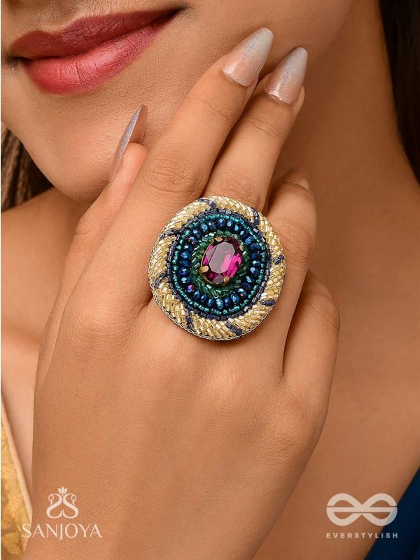 Rajavarta - The Amethyst Luck- Stone And Cutdana Hand Embroidered Ring (Adjustable)