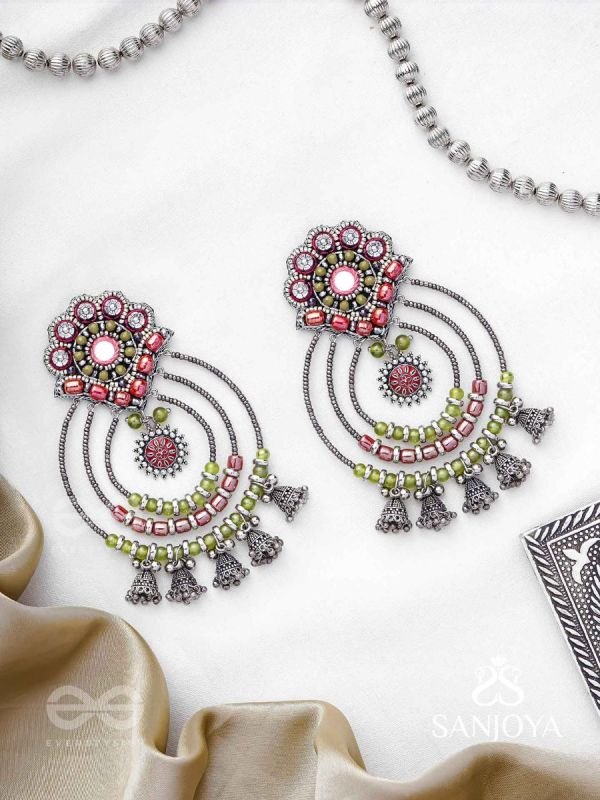 Yashasya - The Magenta Magnificence - Mirror, Resham And Beads Hand Embroidered Oxidised Earrings
