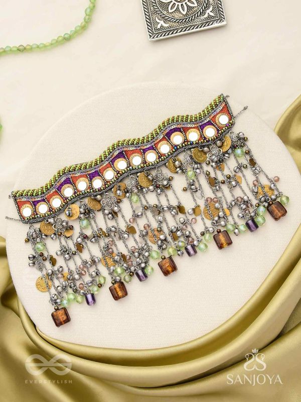 Dhaanshri- The Entrancing Music- Mirror, Beads And Coins Hand Embroidered Oxidised Choker Neckpiece