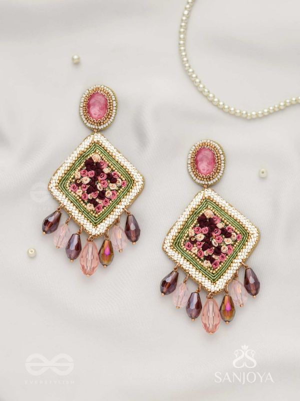 Saukumaryam- The Rouge Delicacy- Resham, Beads And Glass Drops Hand Embroidered Earrings