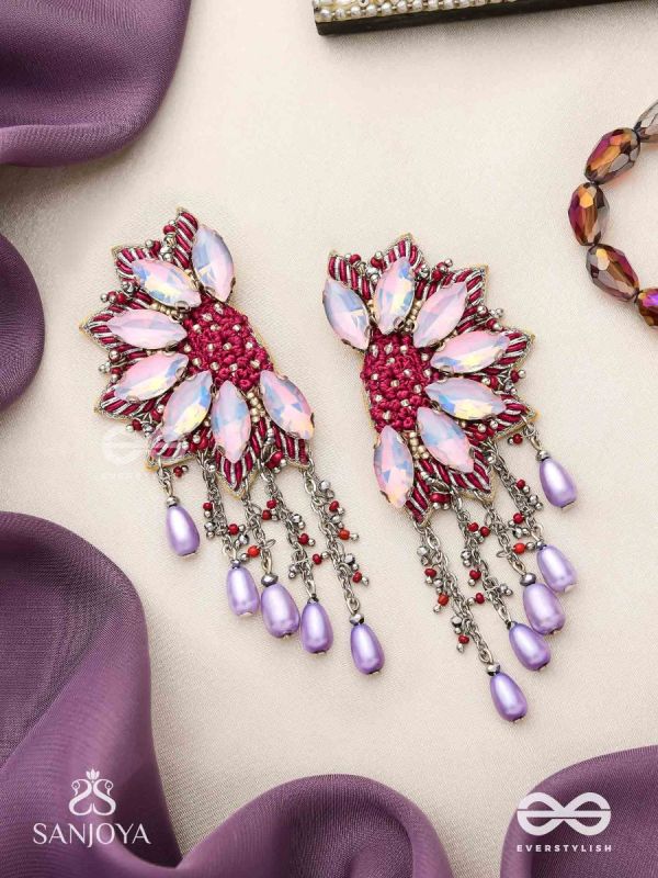 Ardhikrit- The Rosewood Halves- Stones, Resham And Glass Drops Hand Embroidered Earrings
