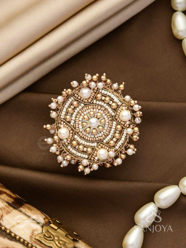 Atisrishti- The Dreamy Creation- Pearls And Beads Hand Embroidered Golden Ring (Adjustable)