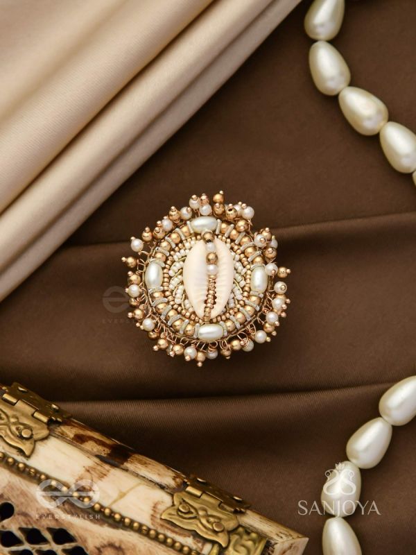 Pratisanshru - The Shore Promise - Shell And Beads Hand Embroidered Golden Ring (Adjustable)