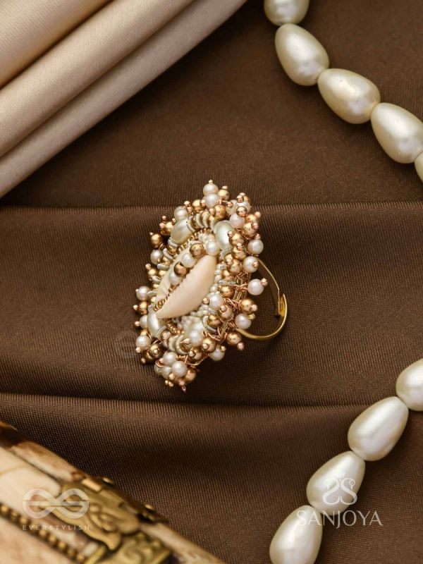 Pratisanshru - The Shore Promise - Shell And Beads Hand Embroidered Golden Ring (Adjustable)