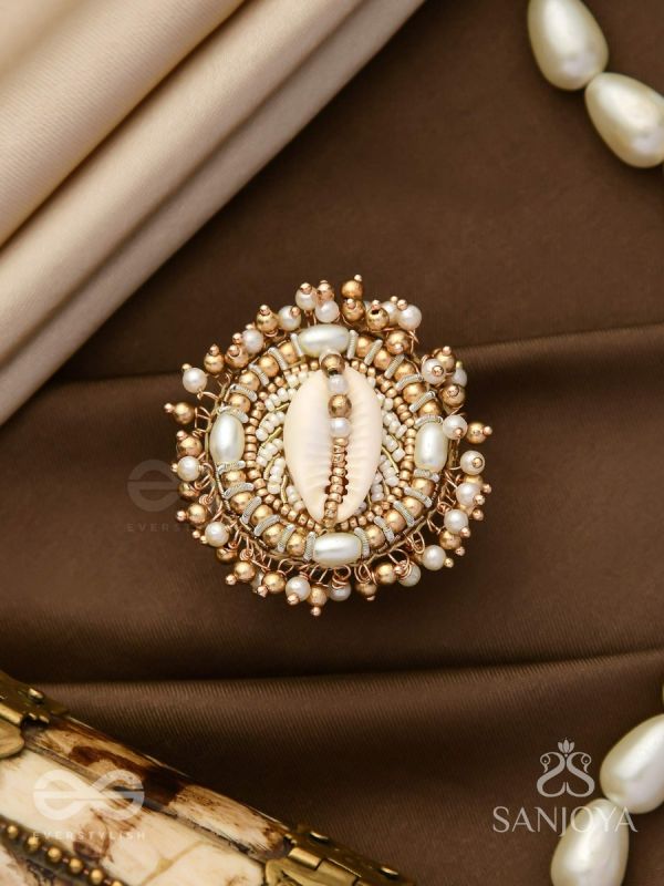 Pratisanshru - The Shore Promise - Shell And Beads Hand Embroidered Golden Ring (Adjustable)
