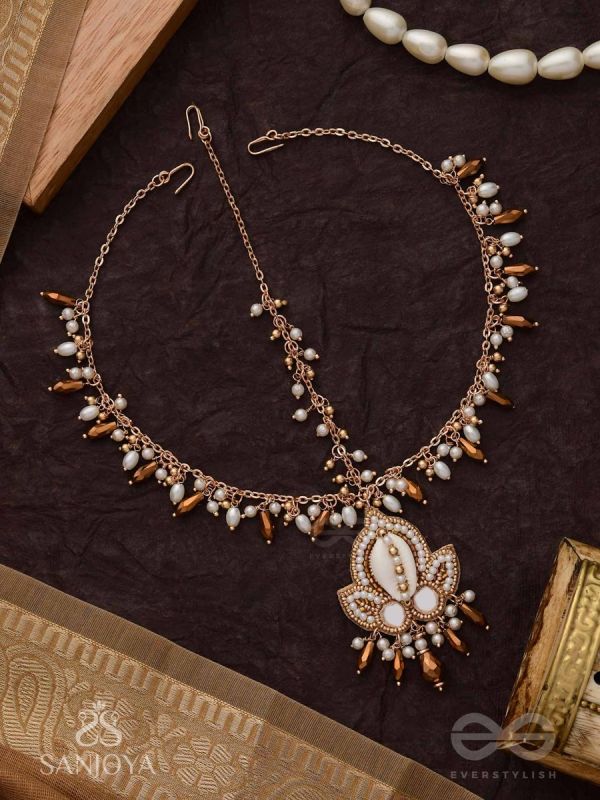 Roopdheya - The Budding Beauty - Shell, Mirrors, Beads And Glass Drops Hand Embroidered Maangtika