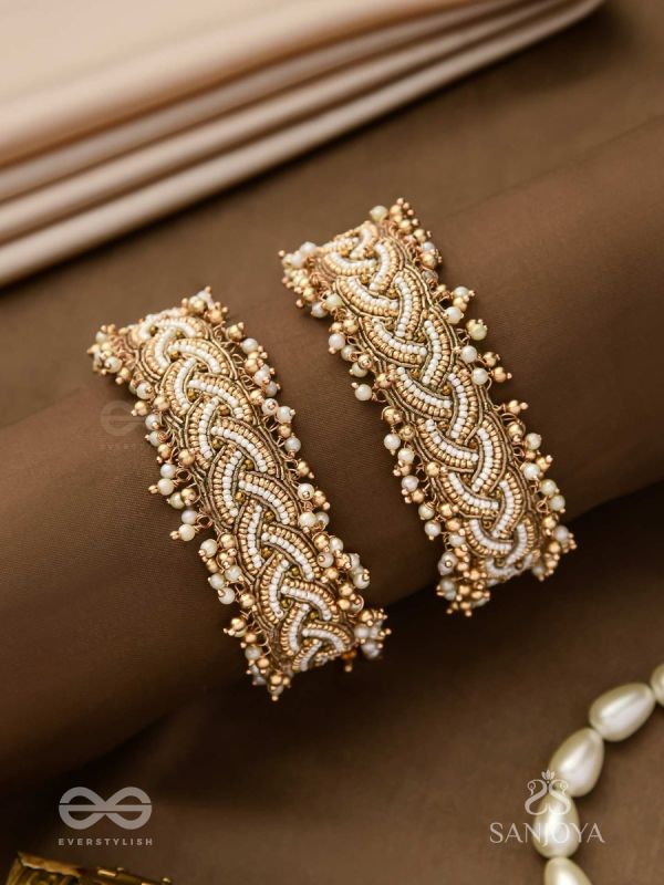 Kapardak - The Angel Braids - Beads, Shells And Glass Drops Hand Embroidered Cuff Bracelets (Set Of 2)