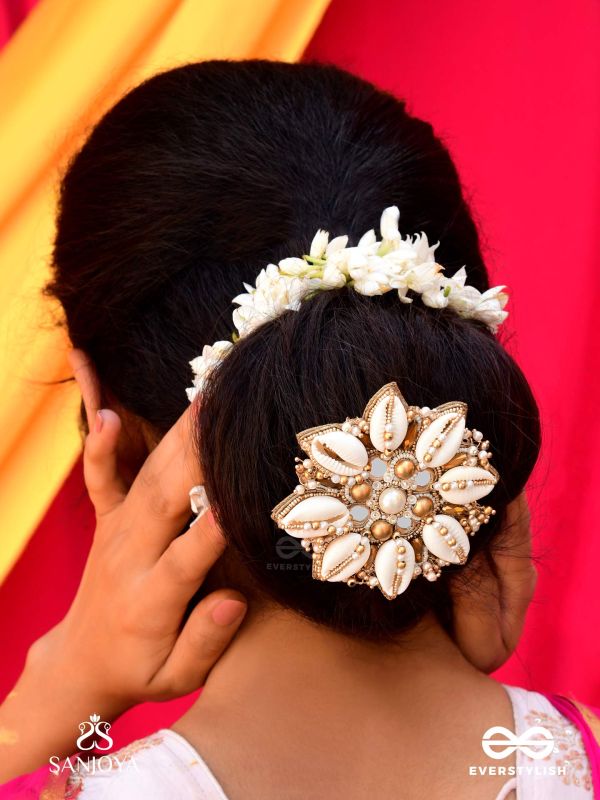 Ucchvasit - The Cowrie Bloom - Mirrors, Shells And Beads Hand Embroidered Hair Accessory