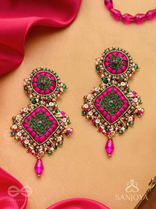 Stavak - The Dahlia Bouquet - Resham, Beads And Glass Drops Hand Embroidered Earrings